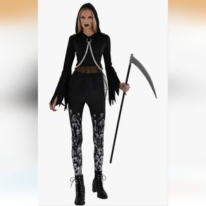 New Stunning Women's Goth Reaper Costume - 1 Set Of Hooded Tunic & Leggings XL